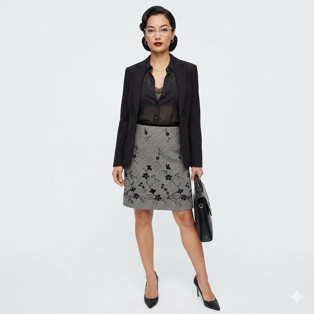 90s Wool Blend Gray Tweed Beaded Embroidered Velvet Trim Skirt Sz 4 Office Siren